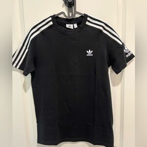 Adidas Black and White Short Sleeve Tees with Iconic Stripes. Fits size S